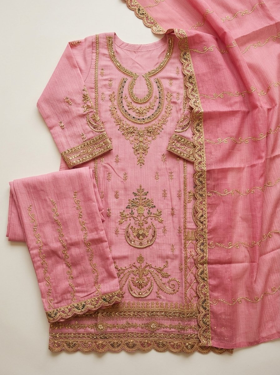 Blush Baby Pink Heavy Embroidered Winter Khaddar 3-Piece Suit – Ready to Ship Canada - Image 10