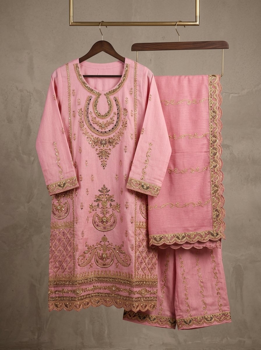 Blush Baby Pink Heavy Embroidered Winter Khaddar 3-Piece Suit – Ready to Ship Canada - Image 12