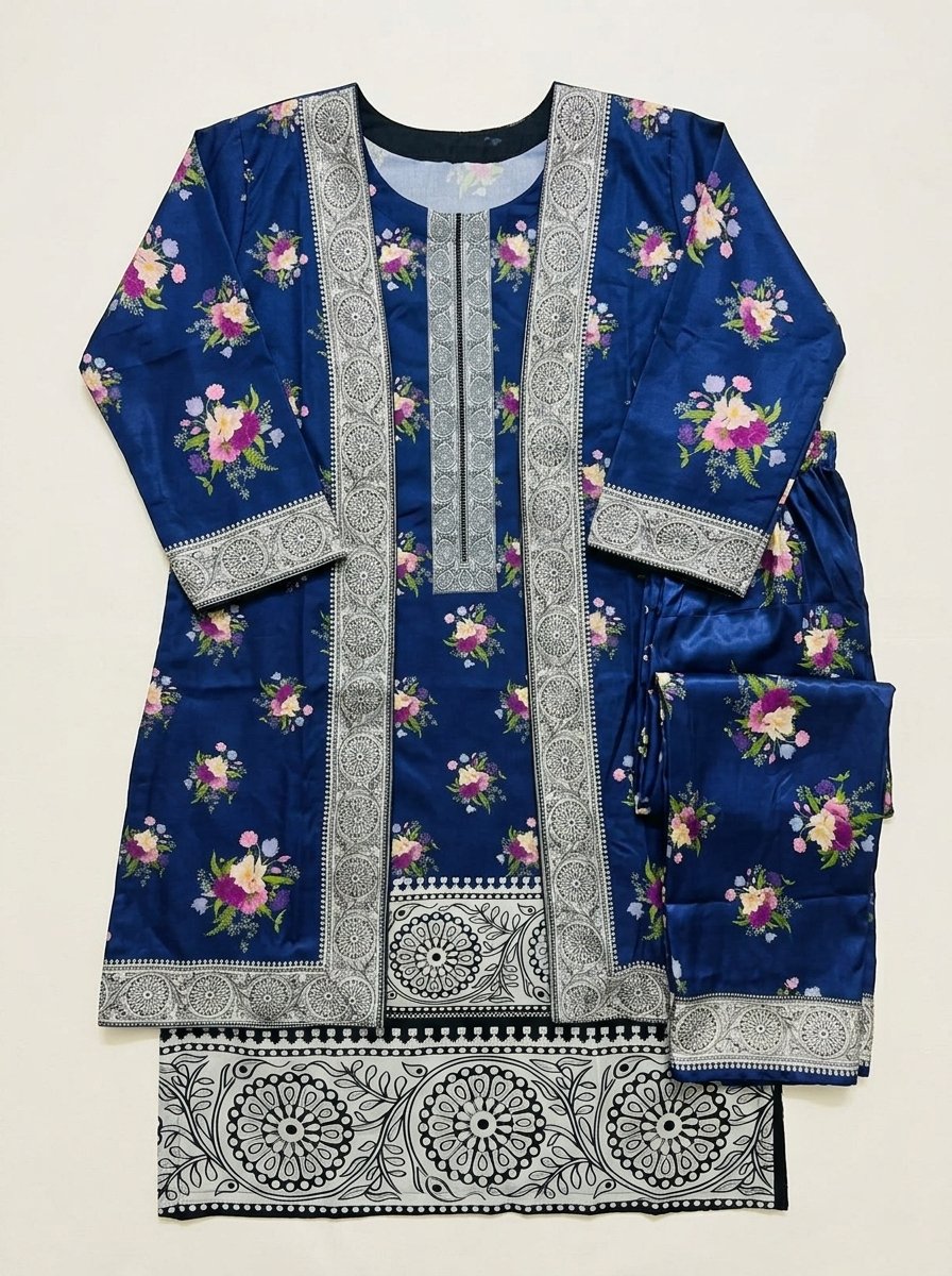 Navy Floral Plush Micro-Velvet 3-Piece Ensemble (Kurti, Open Shrug Jacket & Trouser) – Canada - Image 12