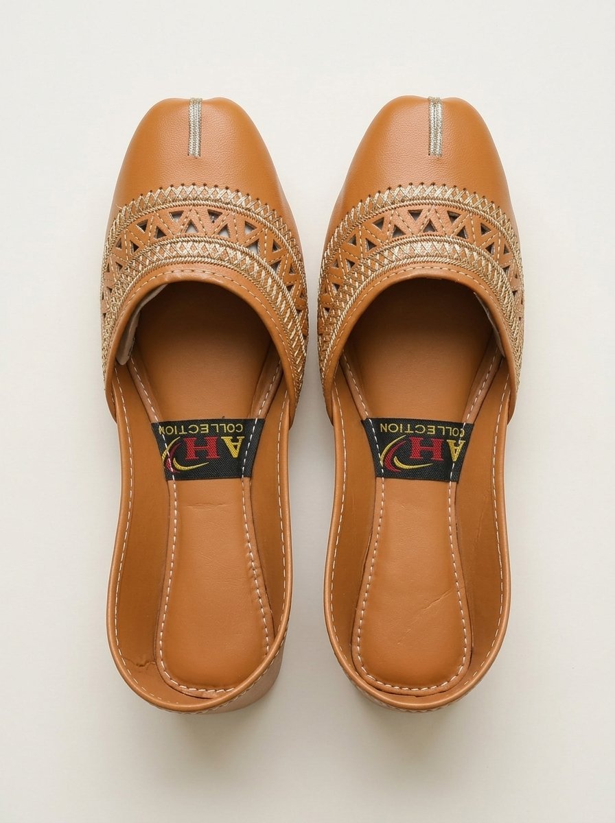 Camel Tan Cutwork Wedge Khussa with Gold Tilla Crossed Straps – Canada
