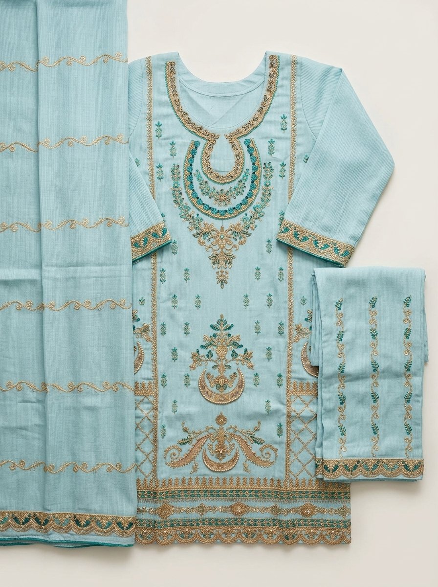 Pastel Ice Blue Heavy Embroidered Winter Khaddar 3-Piece Suit – Ready to Ship Canada - Image 6