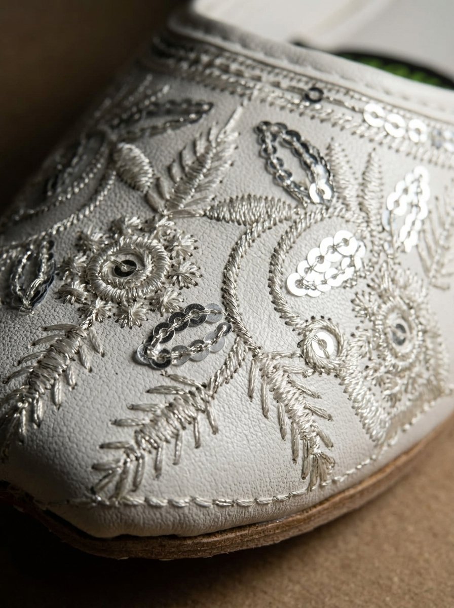 Pristine Pure White Bridal Wedge Khussa with Silver Dabka & Pearl Work – Canada - Image 4