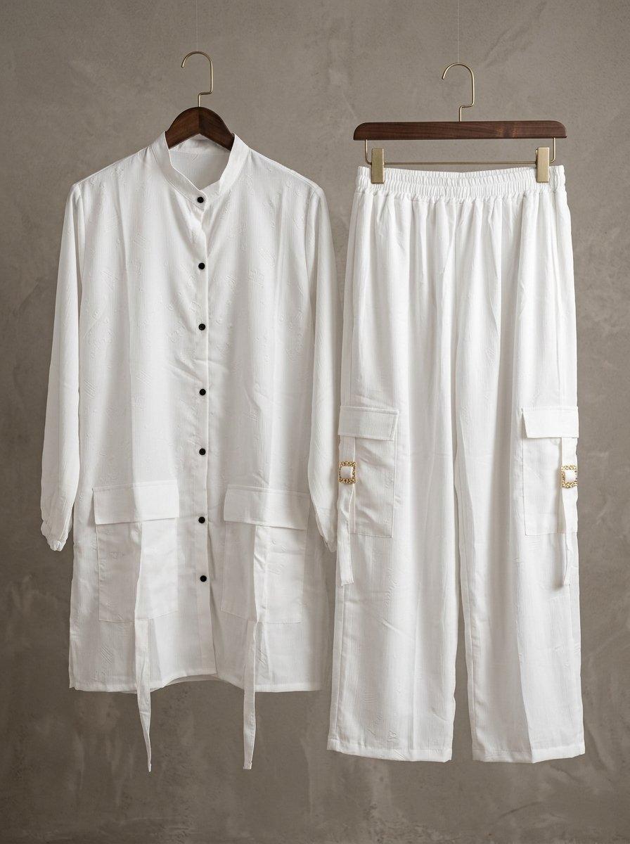 Crisp Pure White Structured Utility Twill Tunic & Wide Cargo Trouser 2-Piece Set – Canada - Image 11