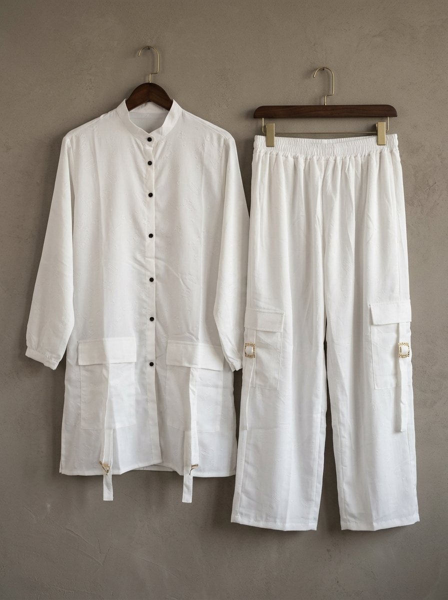 Crisp Pure White Structured Utility Twill Tunic & Wide Cargo Trouser 2-Piece Set – Canada - Image 12