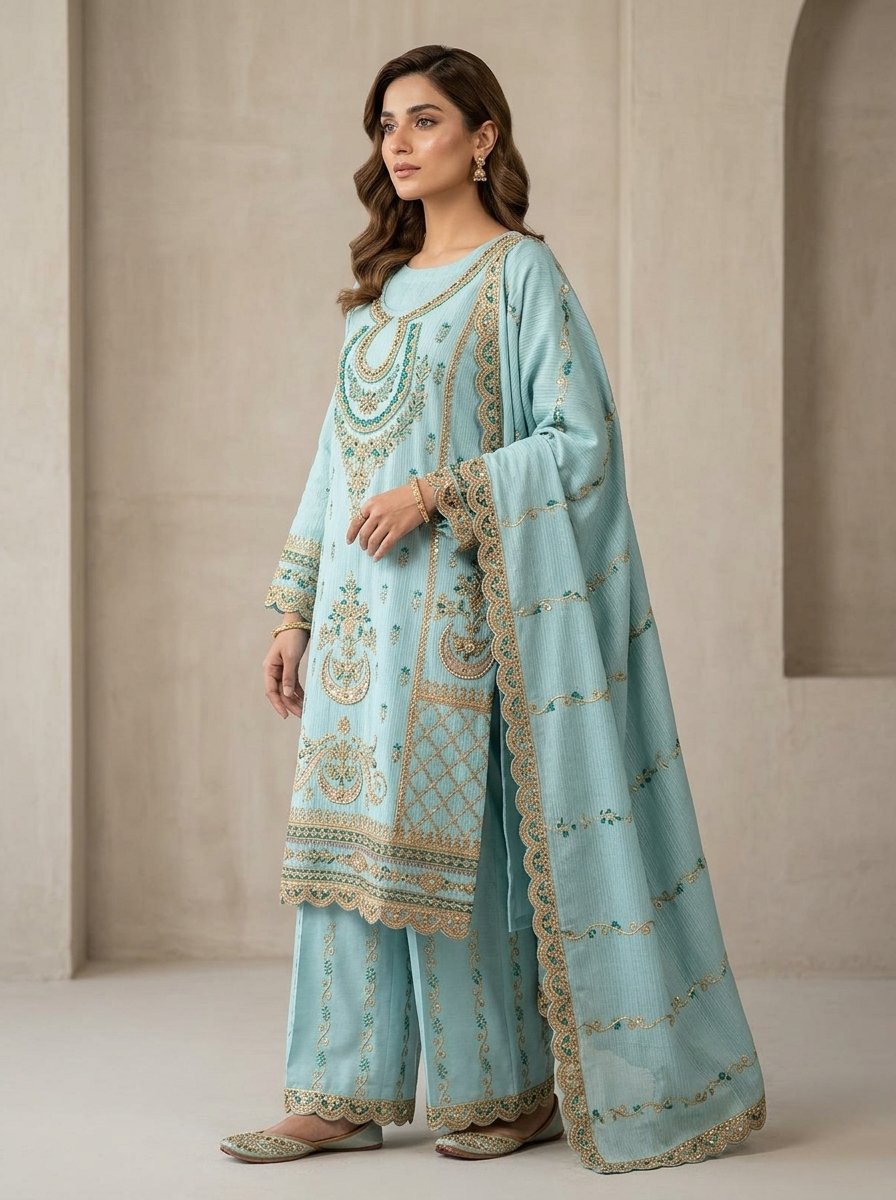 Pastel Ice Blue Heavy Embroidered Winter Khaddar 3-Piece Suit – Ready to Ship Canada