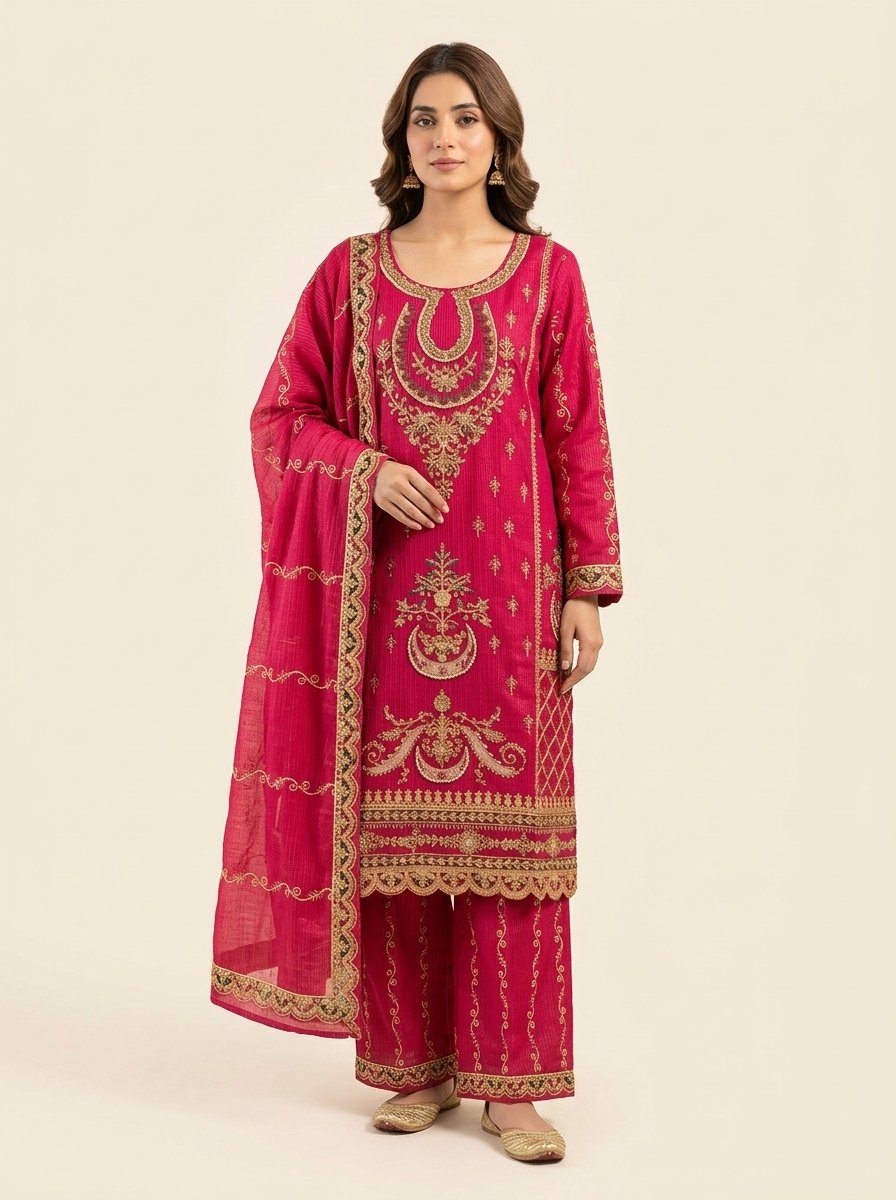 Luxury Deep Crimson Red Heavy Embroidered Winter Khaddar 3-Piece Suit – Ready to Ship Canada - Image 20