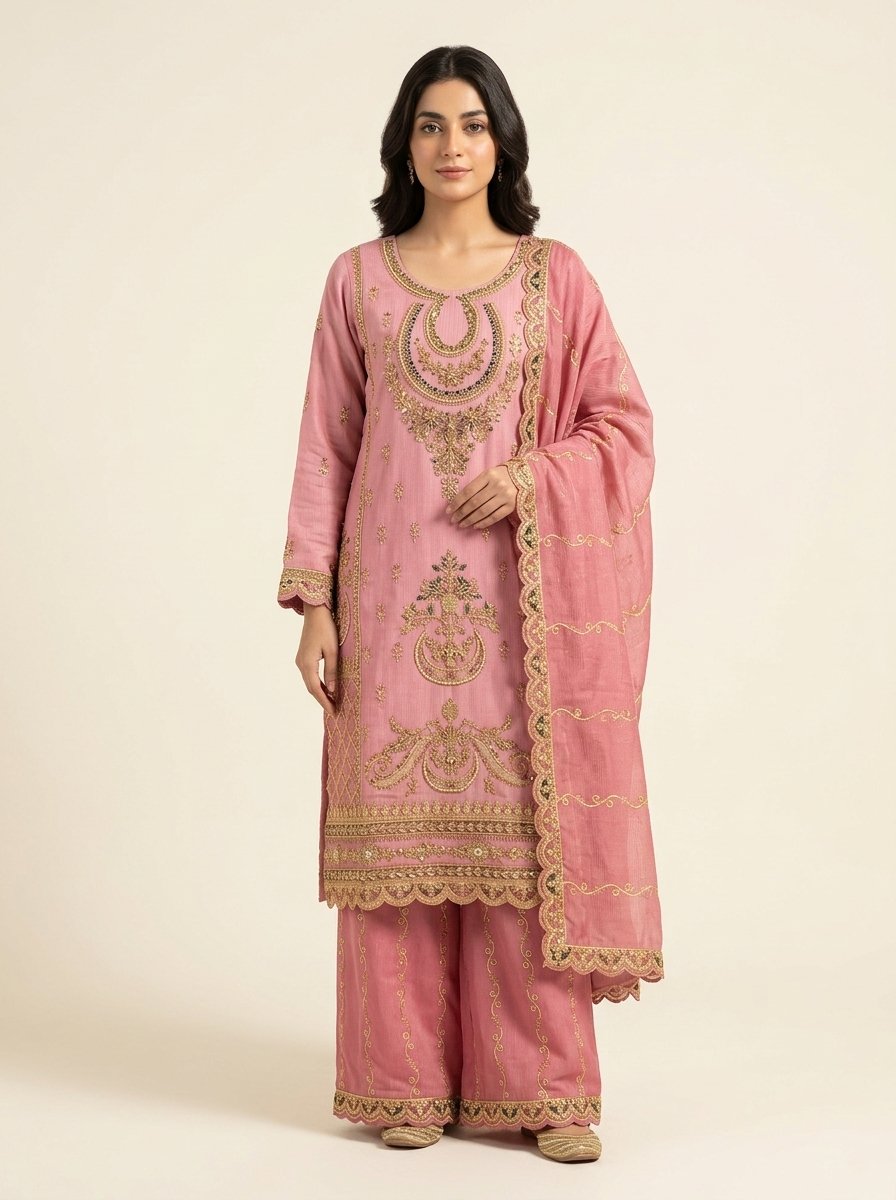 Blush Baby Pink Heavy Embroidered Winter Khaddar 3-Piece Suit – Ready to Ship Canada - Image 20