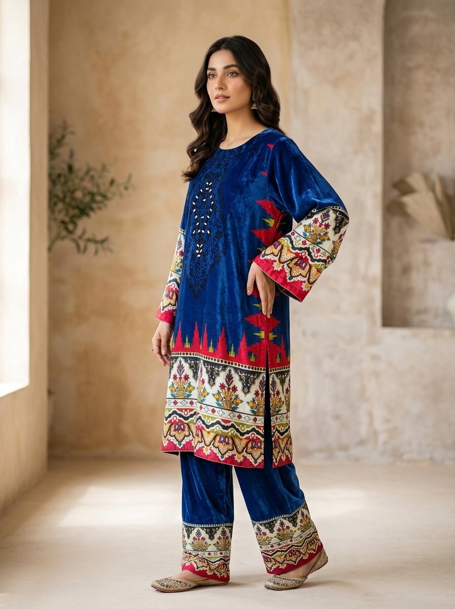 Steel Blue & Silver Digital Print Plush Velvet 2-Piece Kurti & Wide Trouser Set – Canada - Image 6