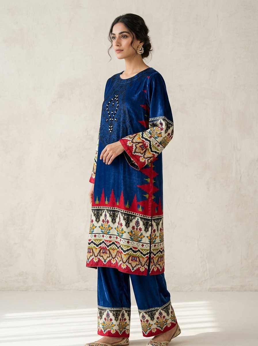 Steel Blue & Silver Digital Print Plush Velvet 2-Piece Kurti & Wide Trouser Set – Canada - Image 5