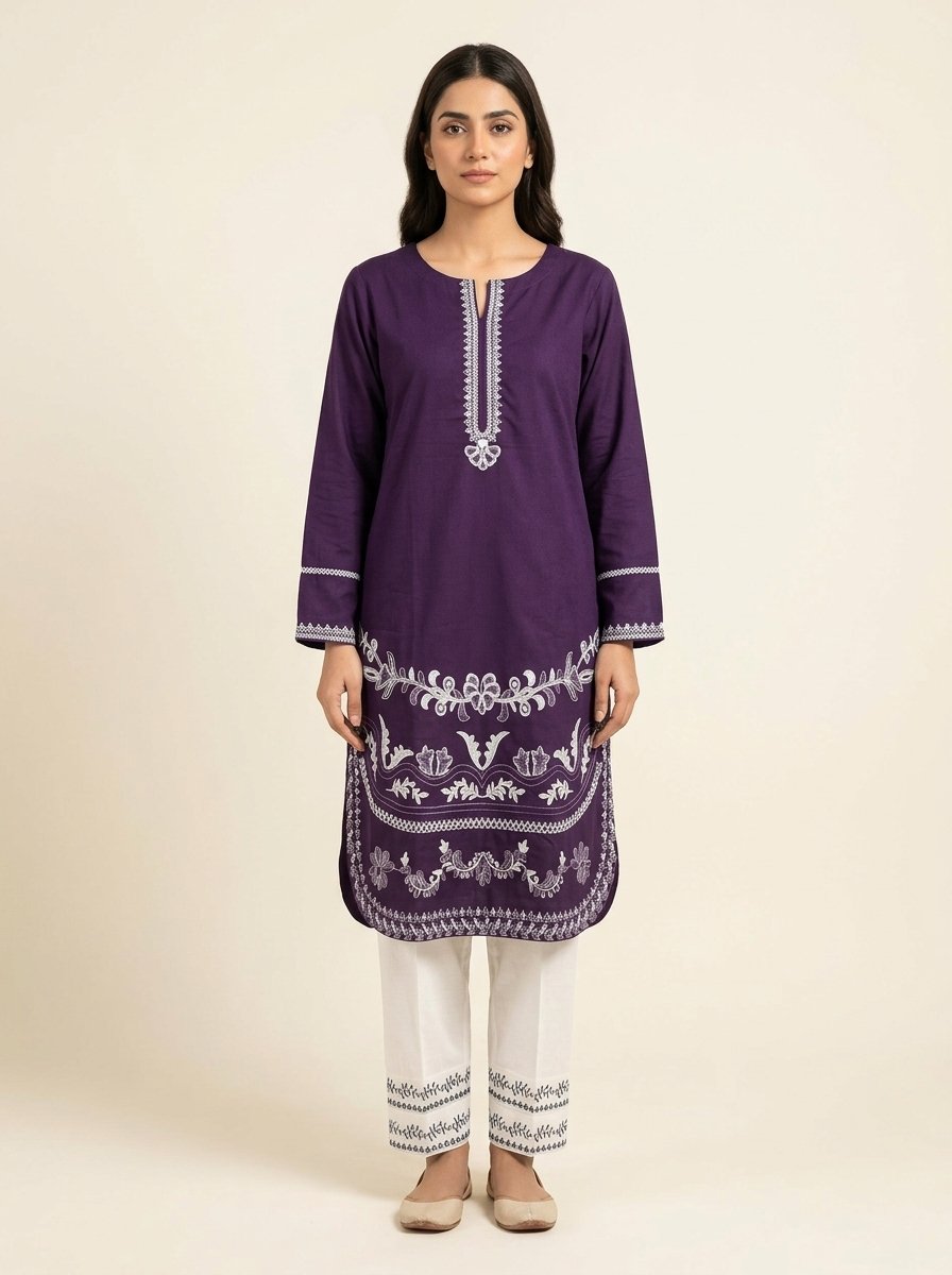 Plum Purple Floral Embroidered Winter Cotton Kurti & White Lace Palazzo 2-Piece Set – Canada