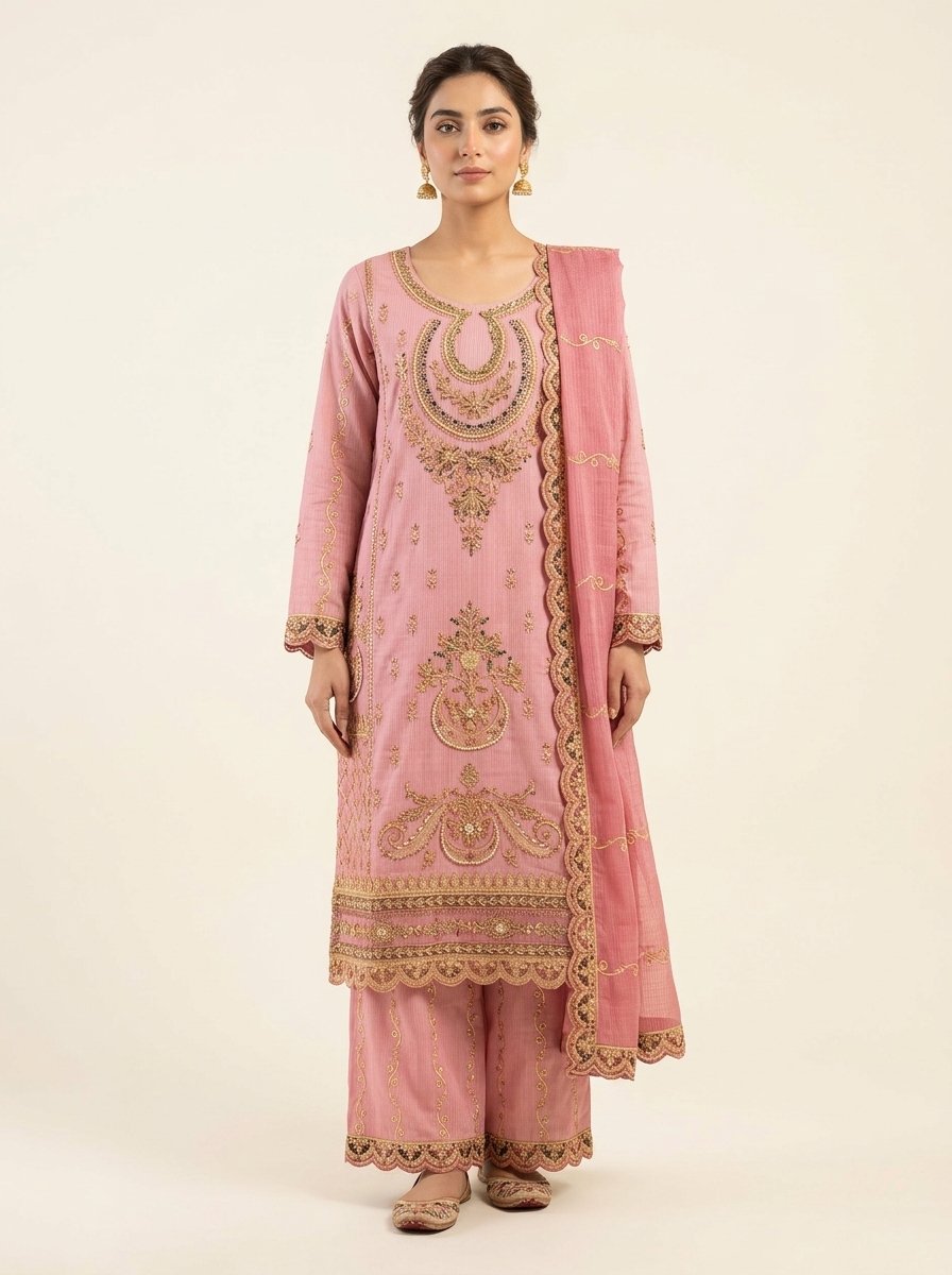Blush Baby Pink Heavy Embroidered Winter Khaddar 3-Piece Suit – Ready to Ship Canada - Image 6