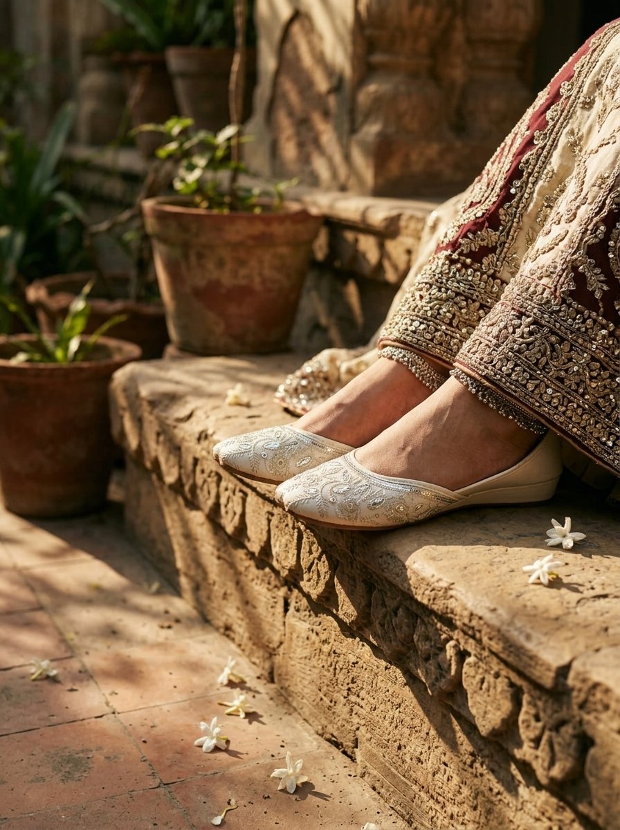 Pristine Pure White Bridal Wedge Khussa with Silver Dabka & Pearl Work – Canada - Image 2