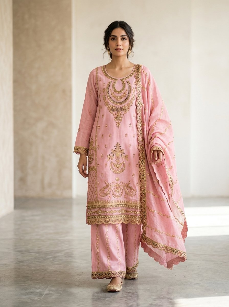 Blush Baby Pink Heavy Embroidered Winter Khaddar 3-Piece Suit – Ready to Ship Canada - Image 8