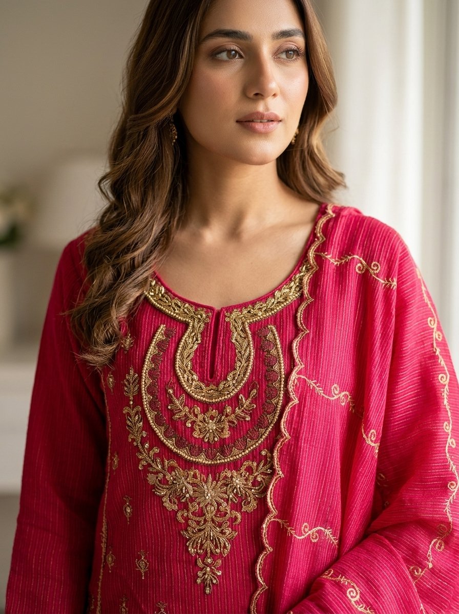 Luxury Deep Crimson Red Heavy Embroidered Winter Khaddar 3-Piece Suit – Ready to Ship Canada - Image 7