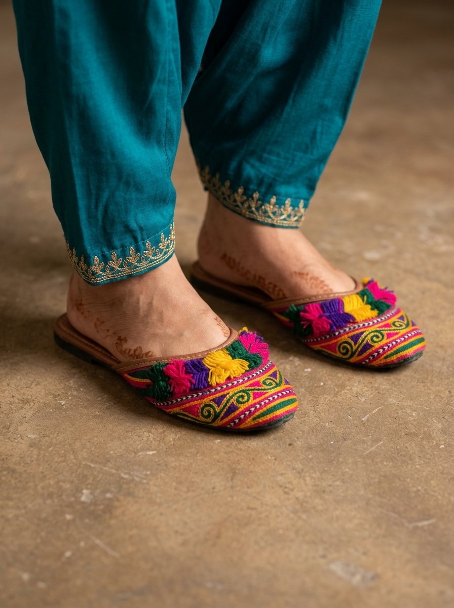 Sindhi Folk Embroidered Tan Leather Slide Slipper with Cushioned Footbed – Canada