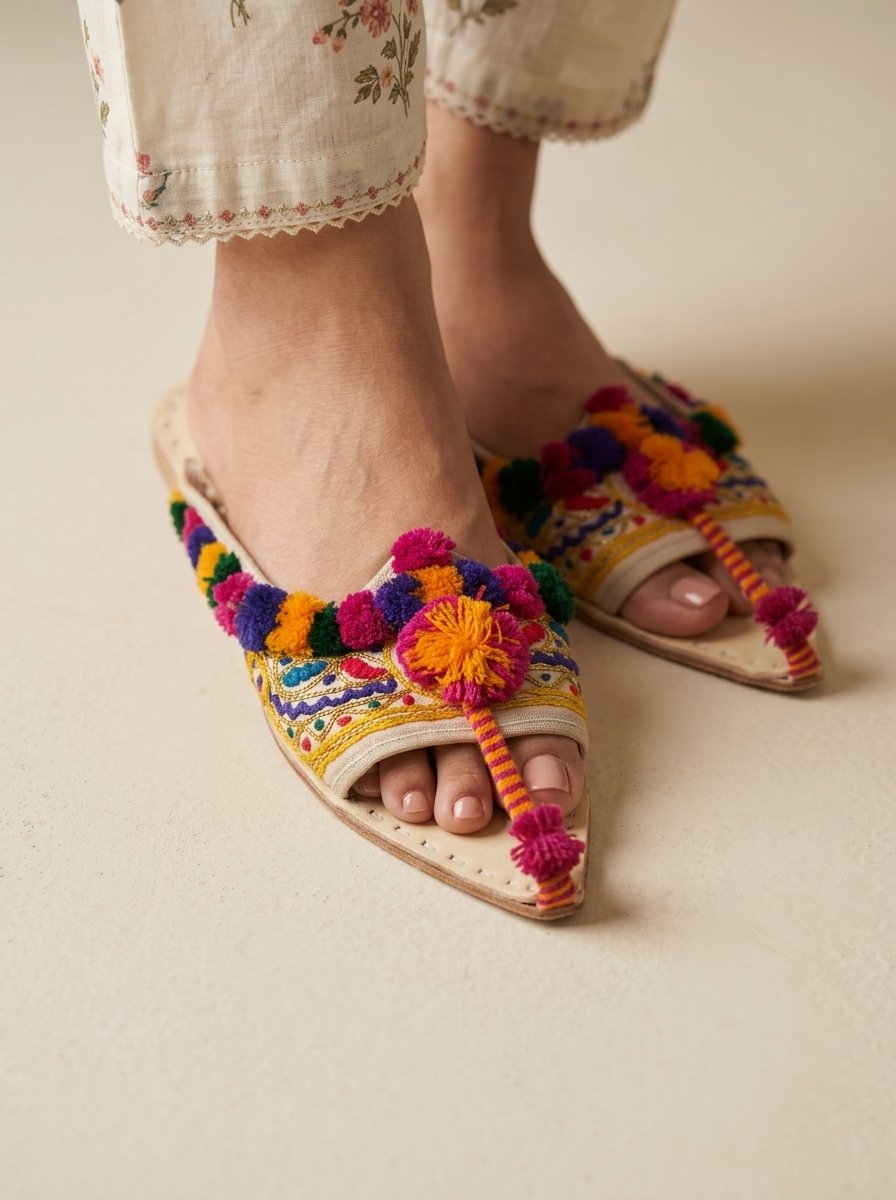Multani Pompom Pointed Open-Back Khussa Mule (Off-White Ivory Leather) – Canada - Image 2
