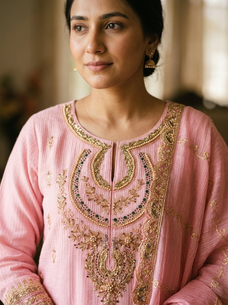 Blush Baby Pink Heavy Embroidered Winter Khaddar 3-Piece Suit – Ready to Ship Canada - Image 3