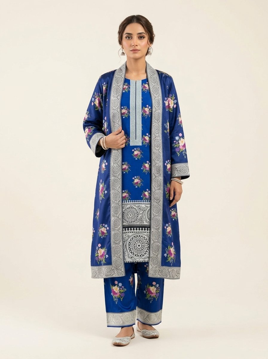Navy Floral Plush Micro-Velvet 3-Piece Ensemble (Kurti, Open Shrug Jacket & Trouser) – Canada - Image 5