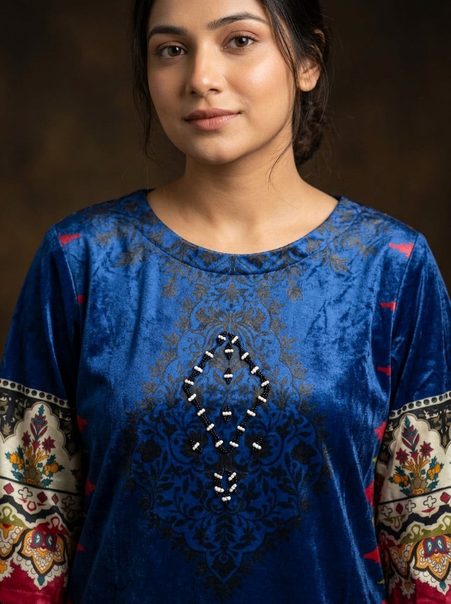 Steel Blue & Silver Digital Print Plush Velvet 2-Piece Kurti & Wide Trouser Set – Canada - Image 4